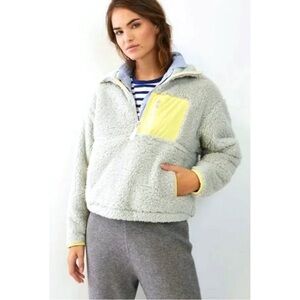 Anthropologie Janey Fleece Sherpa Jacket Quarter Zip Pullover Light Blue Yello M